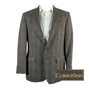 Vintage Calvin Klein Sport Coat Blazer Mens 40S Brown Plaid Tweed‎ Wool